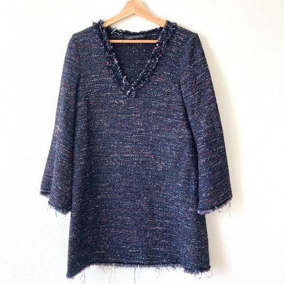 Zara Tweed Fringe Black Tunic Dress Small Bell Sleeves Deep V Neck Stich Colors - Picture 3 of 14